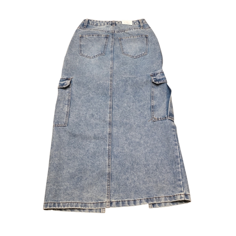 Love Fire Light Blue Denim Split Cargo Maxi Skirt Size 3 - Picture 8 of 10